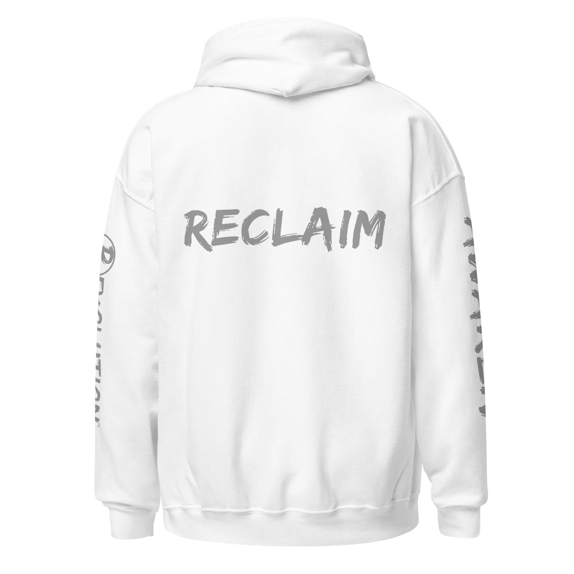 Revolution streetwear white classic hoodie gray UNLEARN AWAKEN RECLAIM graphics back view