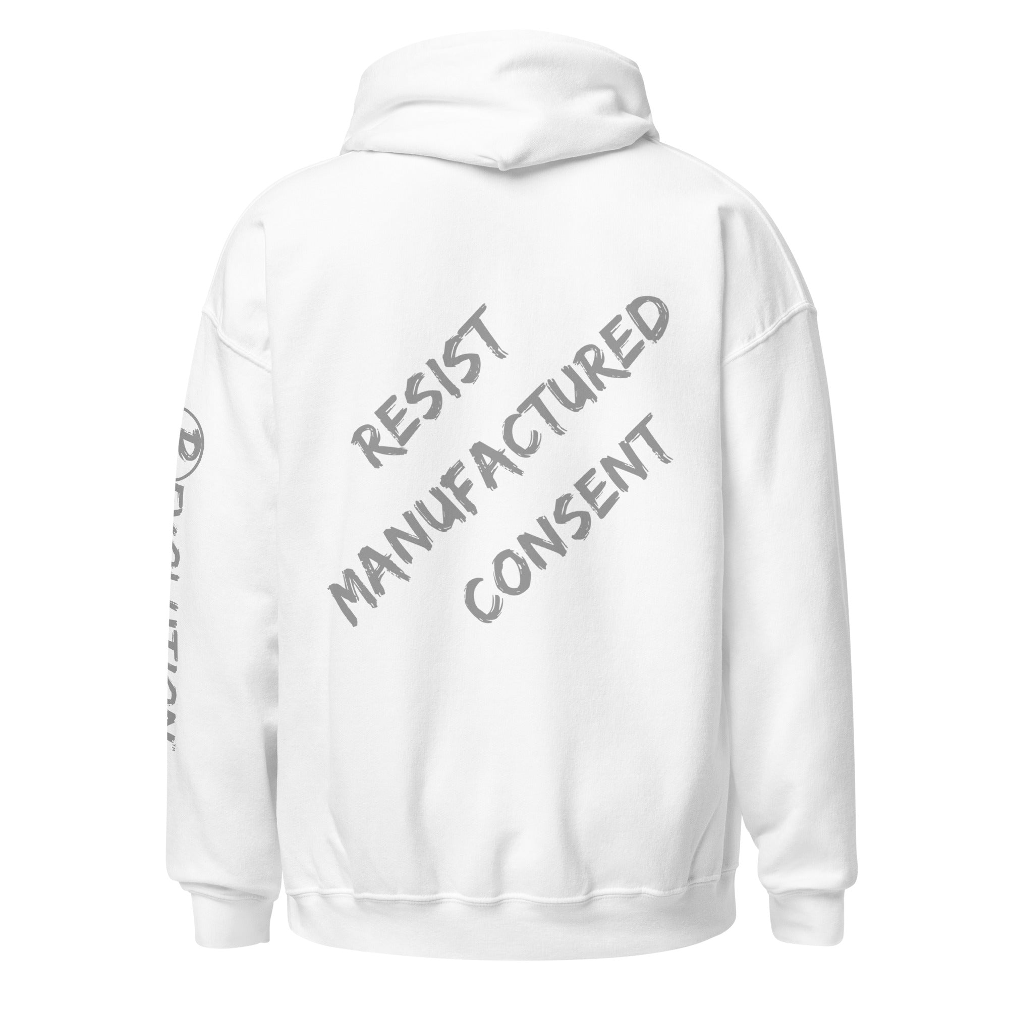 Revolution streetwear white classic hoodie gray RESIST MANUFACTURED CONSENT graphics back view