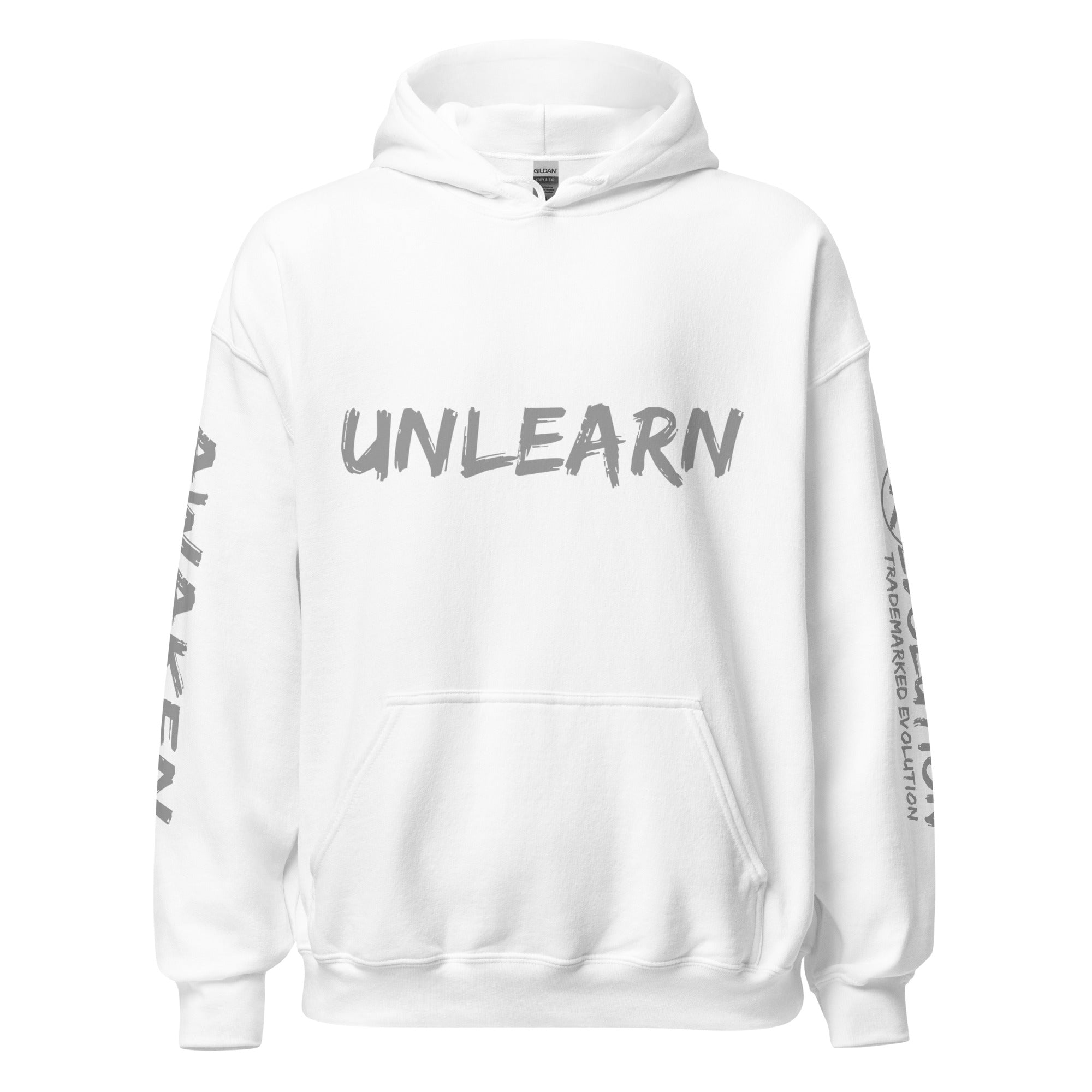Revolution streetwear white classic hoodie gray UNLEARN AWAKEN RECLAIM graphics front view