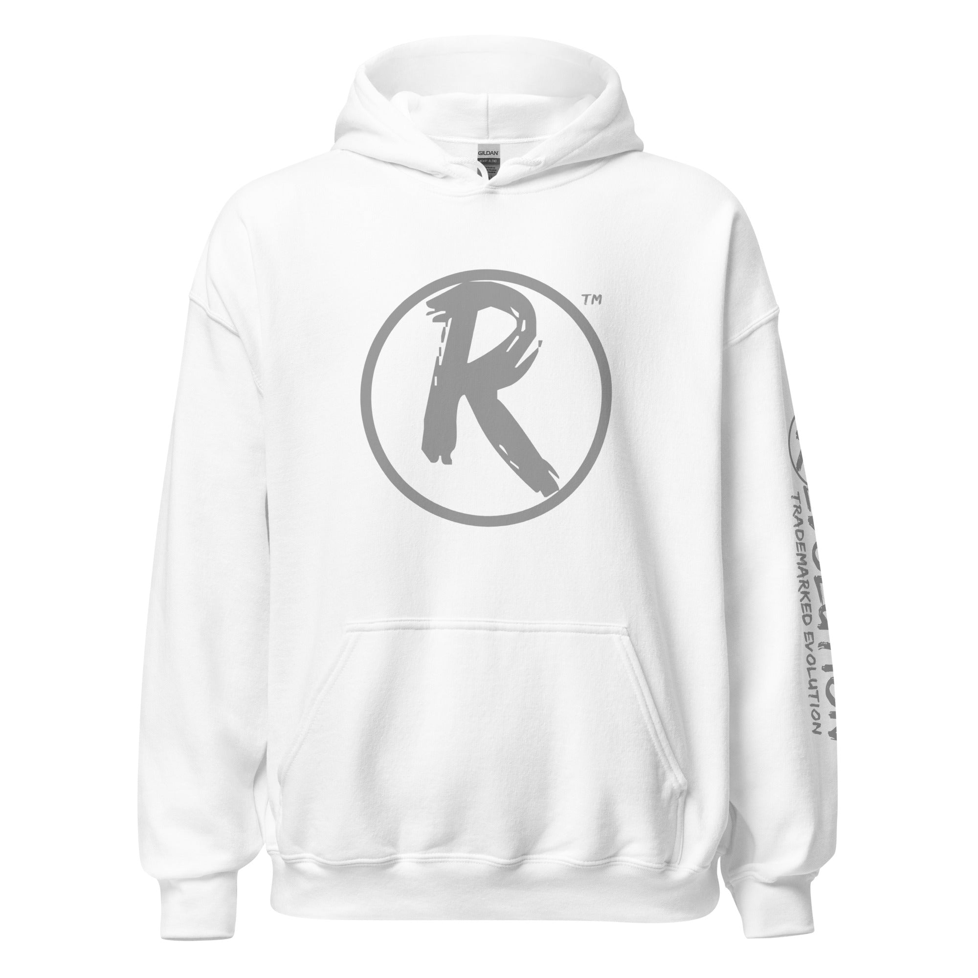 Revolution streetwear white classic hoodie gray RESIST MANUFACTURED CONSENT graphics front view