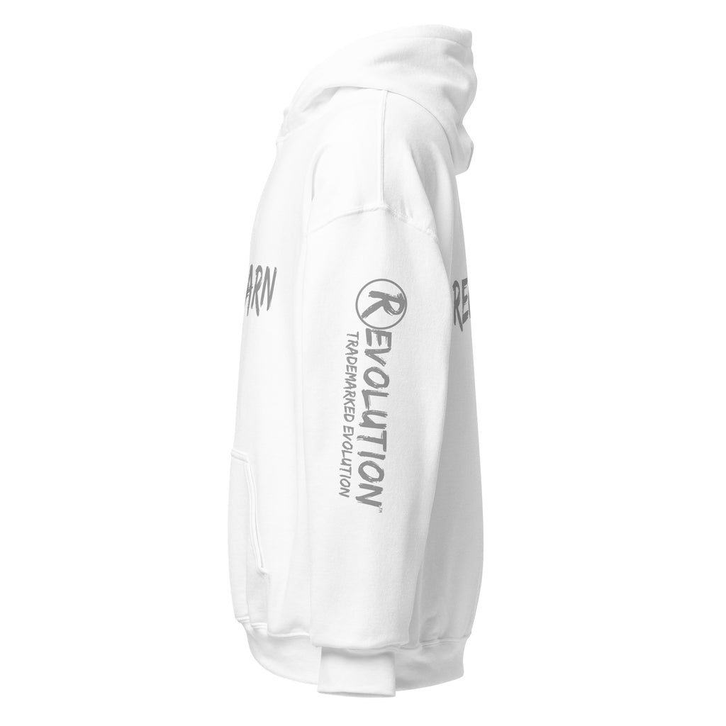 Revolution streetwear white classic hoodie gray UNLEARN AWAKEN RECLAIM graphics left side view