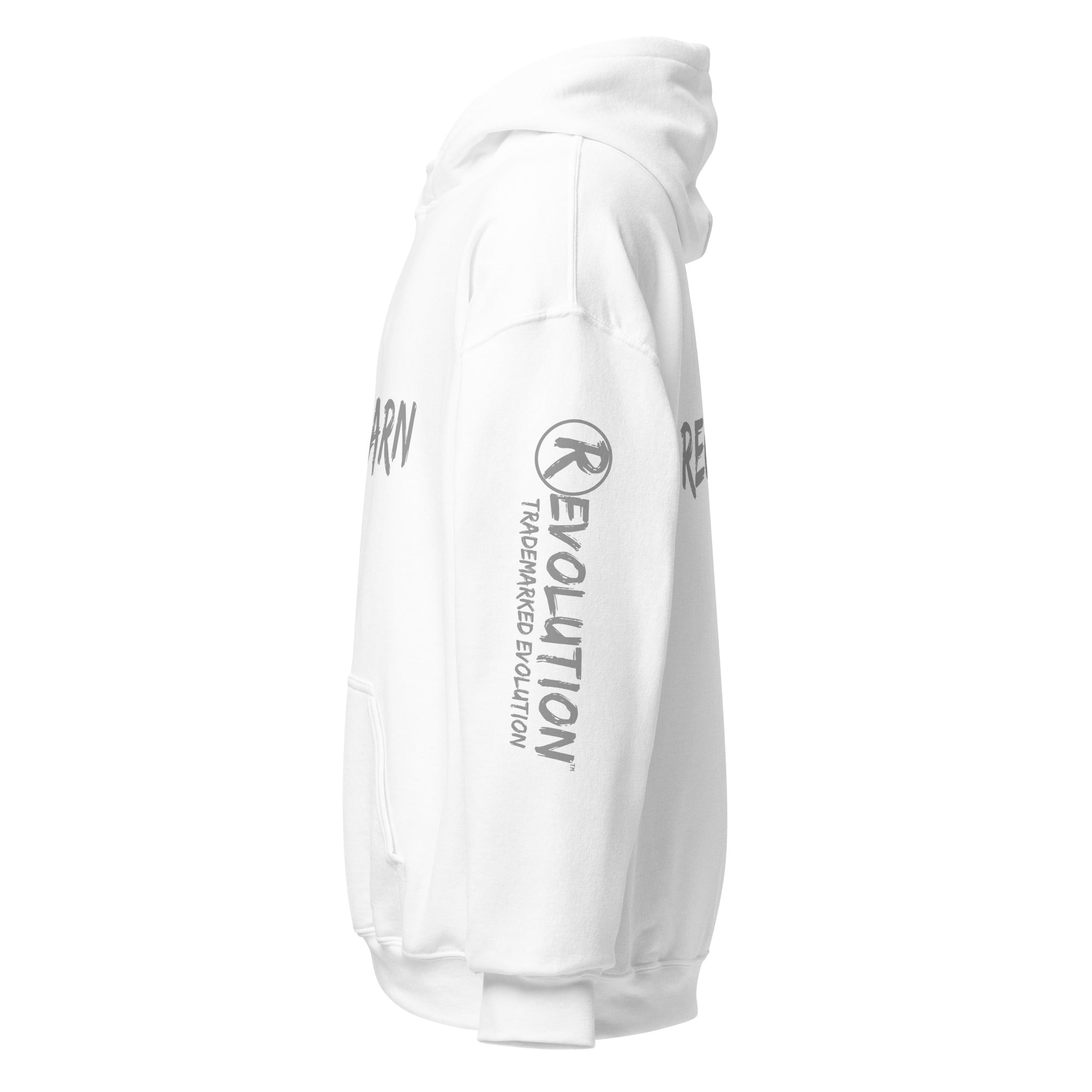 Revolution streetwear white classic hoodie gray UNLEARN AWAKEN RECLAIM graphics left side view