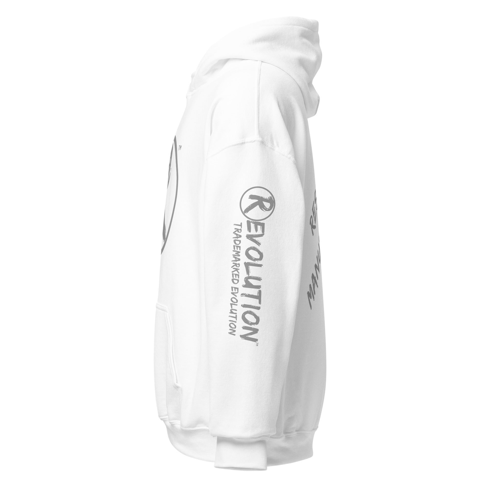 Revolution streetwear white classic hoodie gray RESIST MANUFACTURED CONSENT graphics left side view