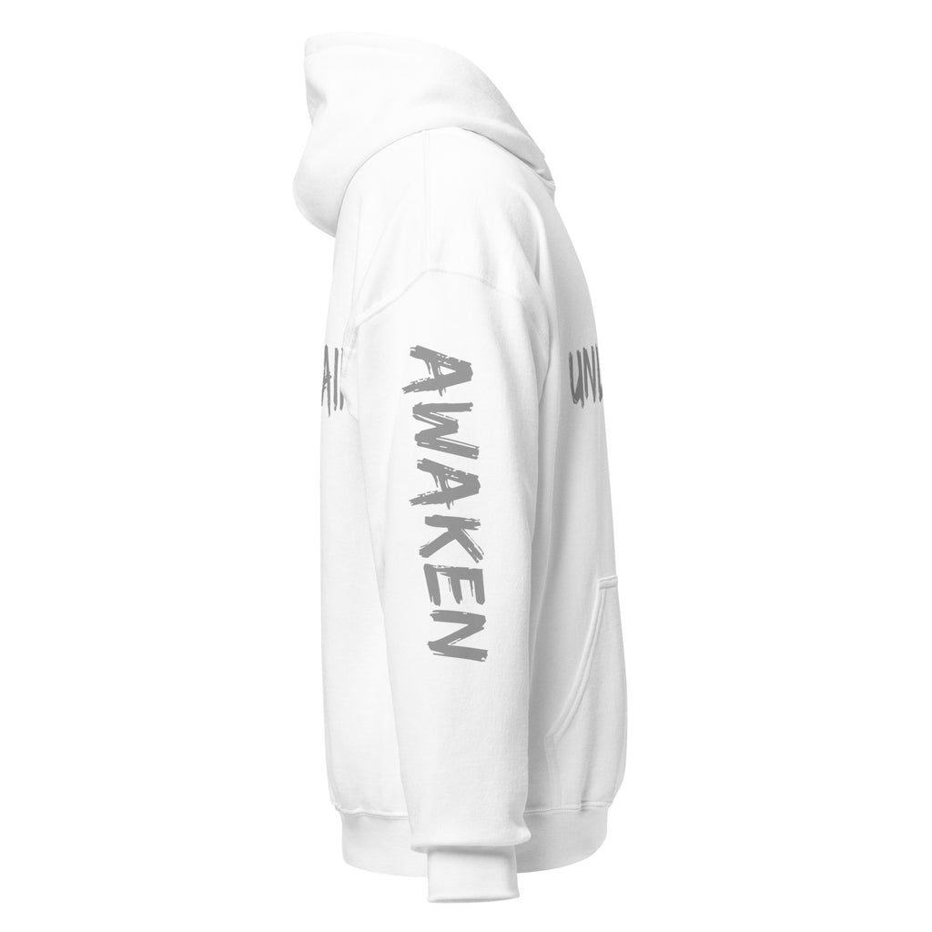 Revolution streetwear white classic hoodie gray UNLEARN AWAKEN RECLAIM graphics right side view