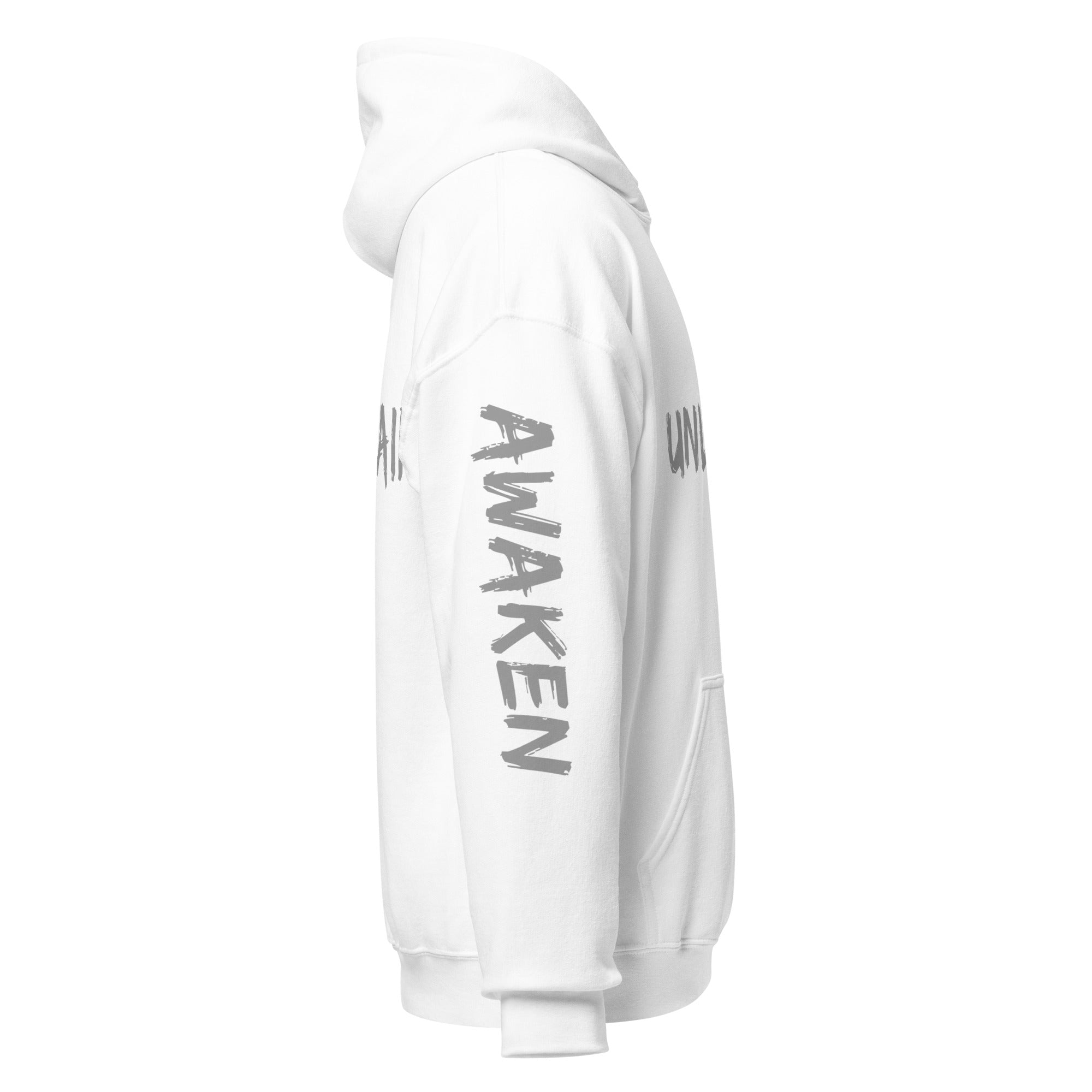 Revolution streetwear white classic hoodie gray UNLEARN AWAKEN RECLAIM graphics right side view