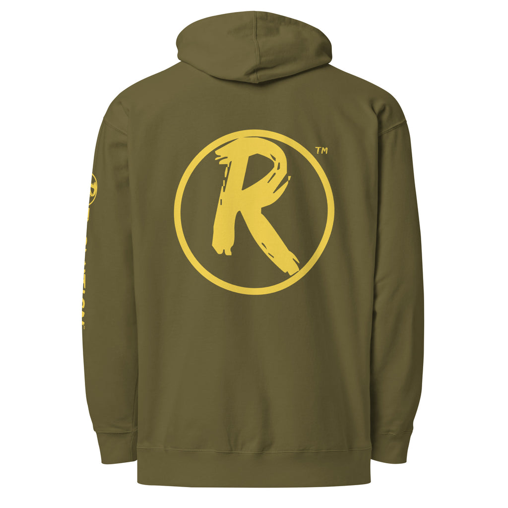 Revolution streetwear army premium hoodie yellow IT'S ALL MADE UP graphics back view