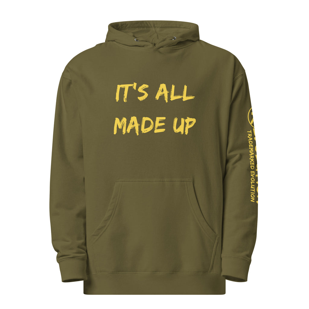 Revolution streetwear army premium hoodie yellow IT'S ALL MADE UP graphics front view