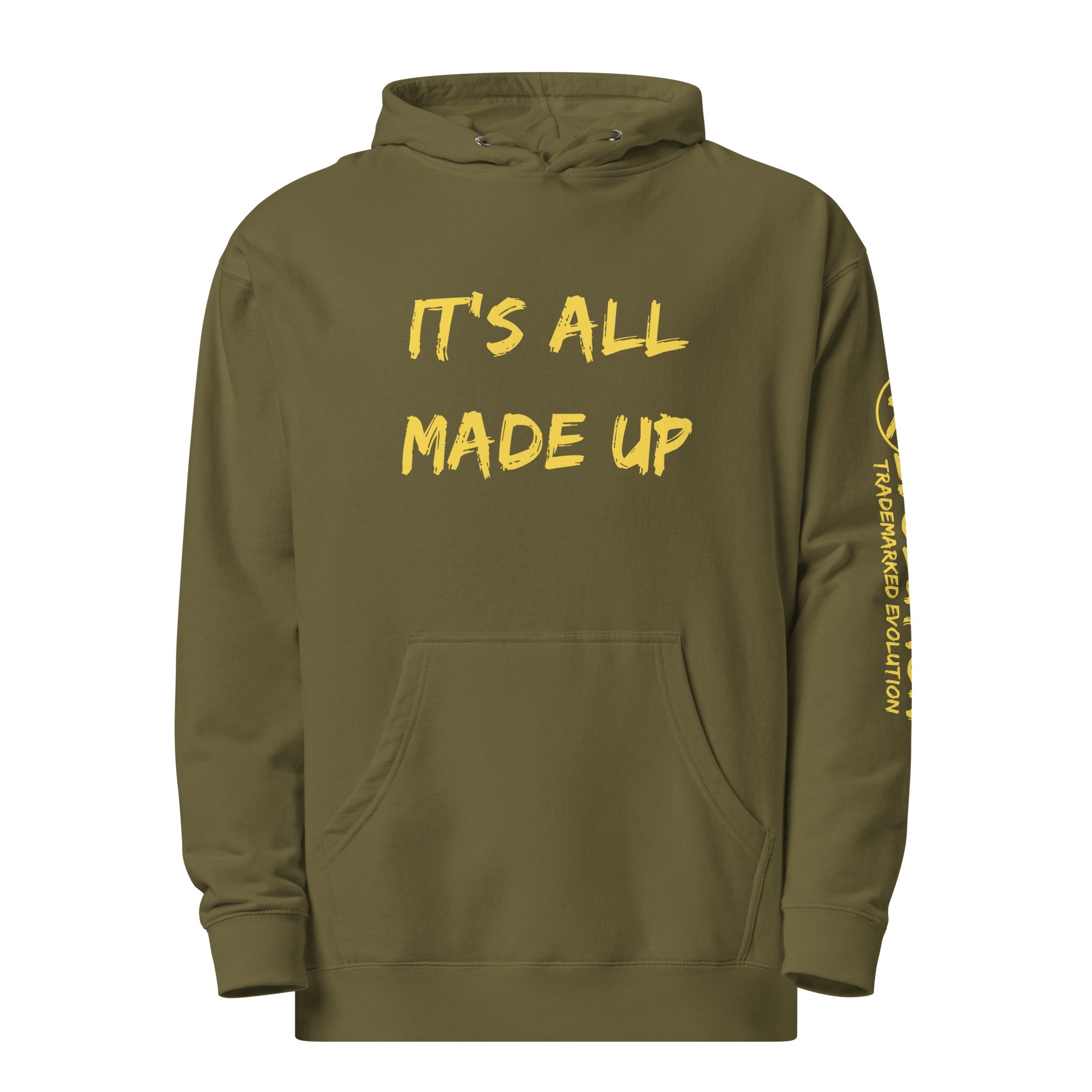 Revolution streetwear army premium hoodie yellow IT'S ALL MADE UP graphics front view