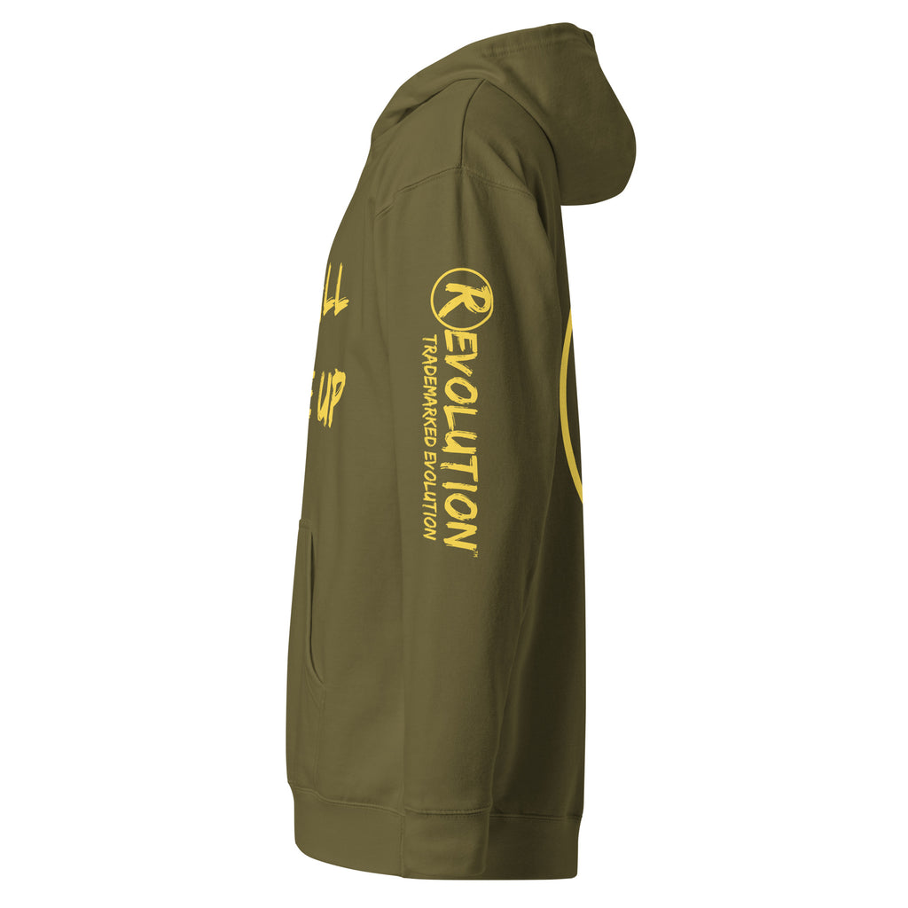 Revolution streetwear army premium hoodie yellow IT'S ALL MADE UP graphics left side view