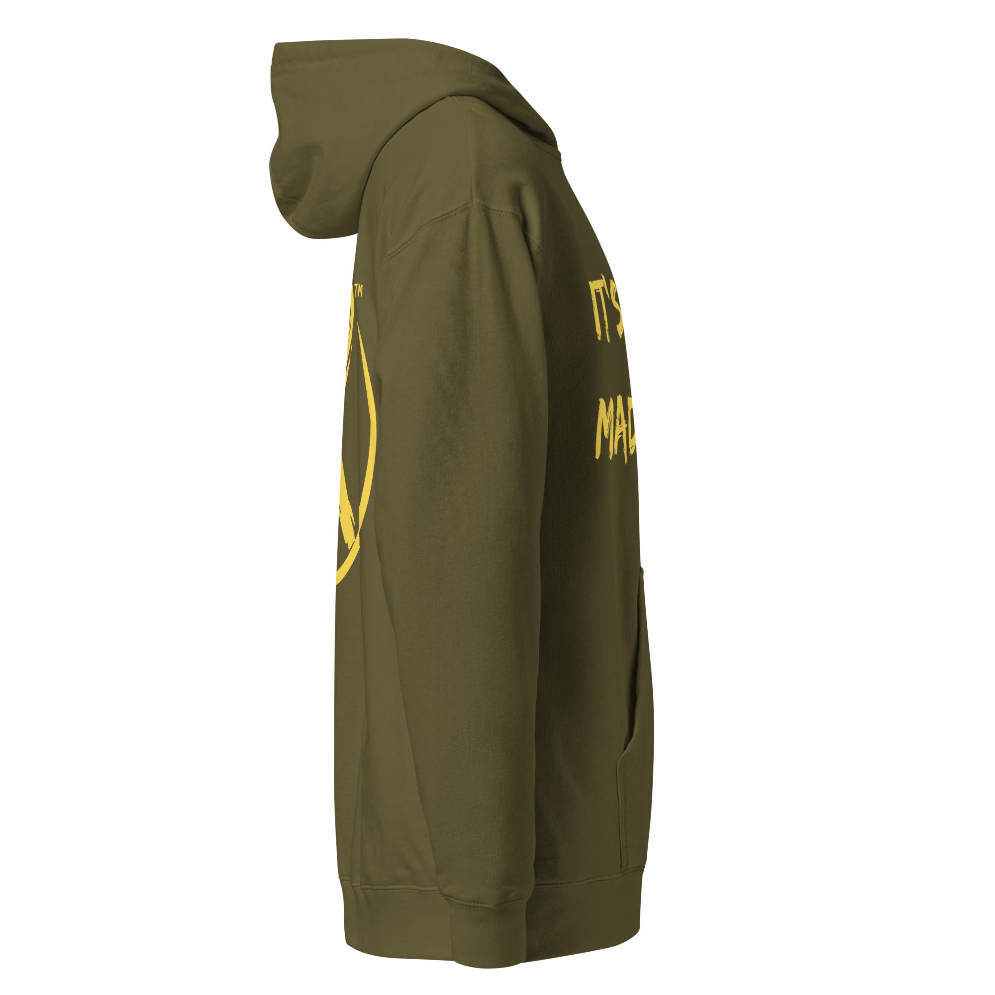 Revolution streetwear army premium hoodie yellow IT'S ALL MADE UP graphics right side view
