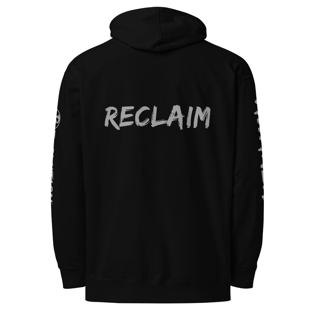 Revolution streetwear black premium hoodie gray UNLEARN AWAKEN RECLAIM graphics back view
