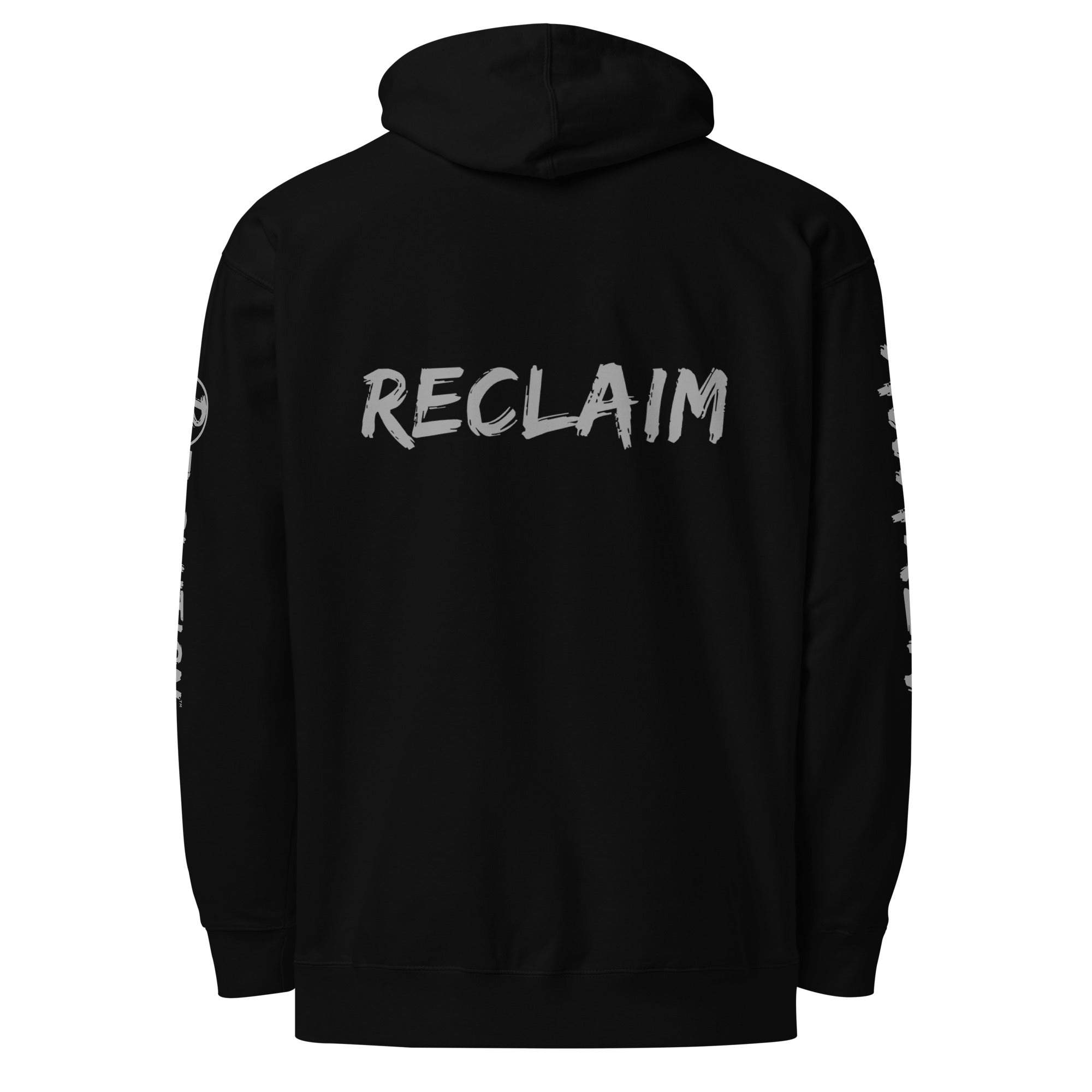 Revolution streetwear black premium hoodie gray UNLEARN AWAKEN RECLAIM graphics back view