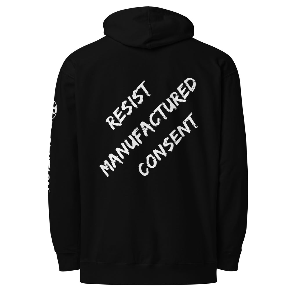 Revolution streetwear black premium hoodie white RESIST MANUFACTURED CONSENT graphics back view