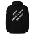 Revolution streetwear black premium hoodie white RESIST MANUFACTURED CONSENT graphics back view