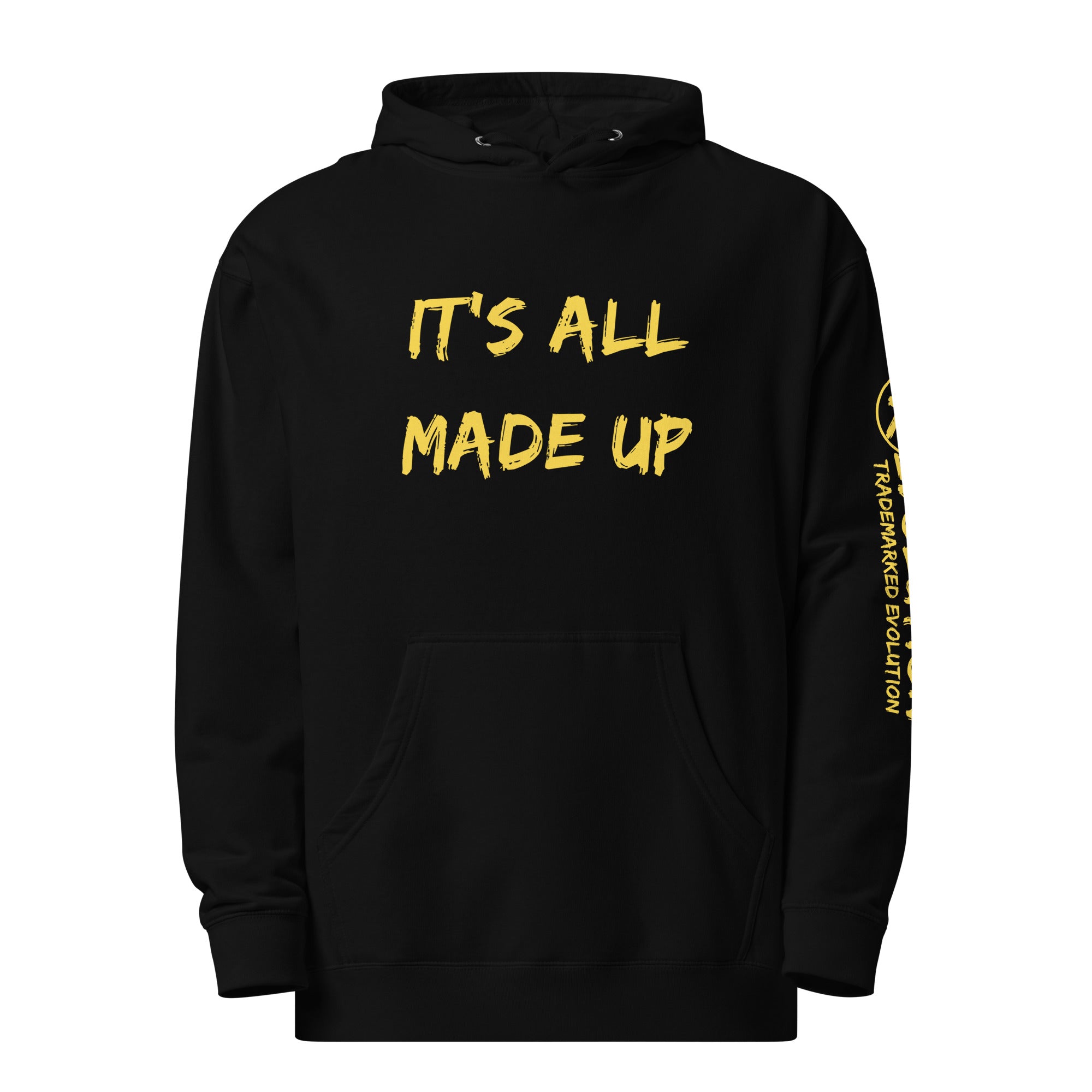 Revolution streetwear black premium hoodie yellow IT'S ALL MADE UP graphics front view