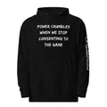 Revolution streetwear black premium hoodie white POWER CRUMBLES graphics front view