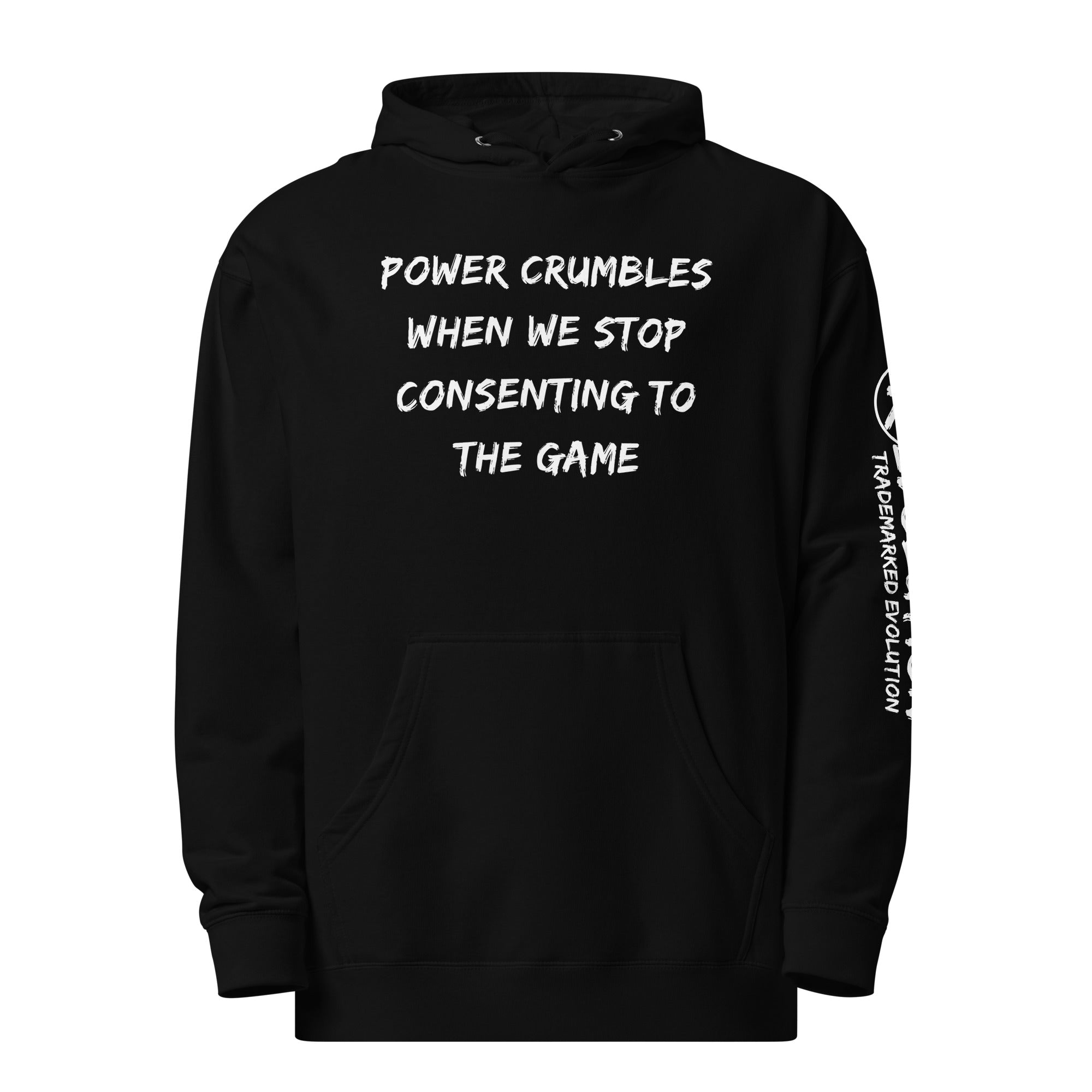 Revolution streetwear black premium hoodie white POWER CRUMBLES graphics front view