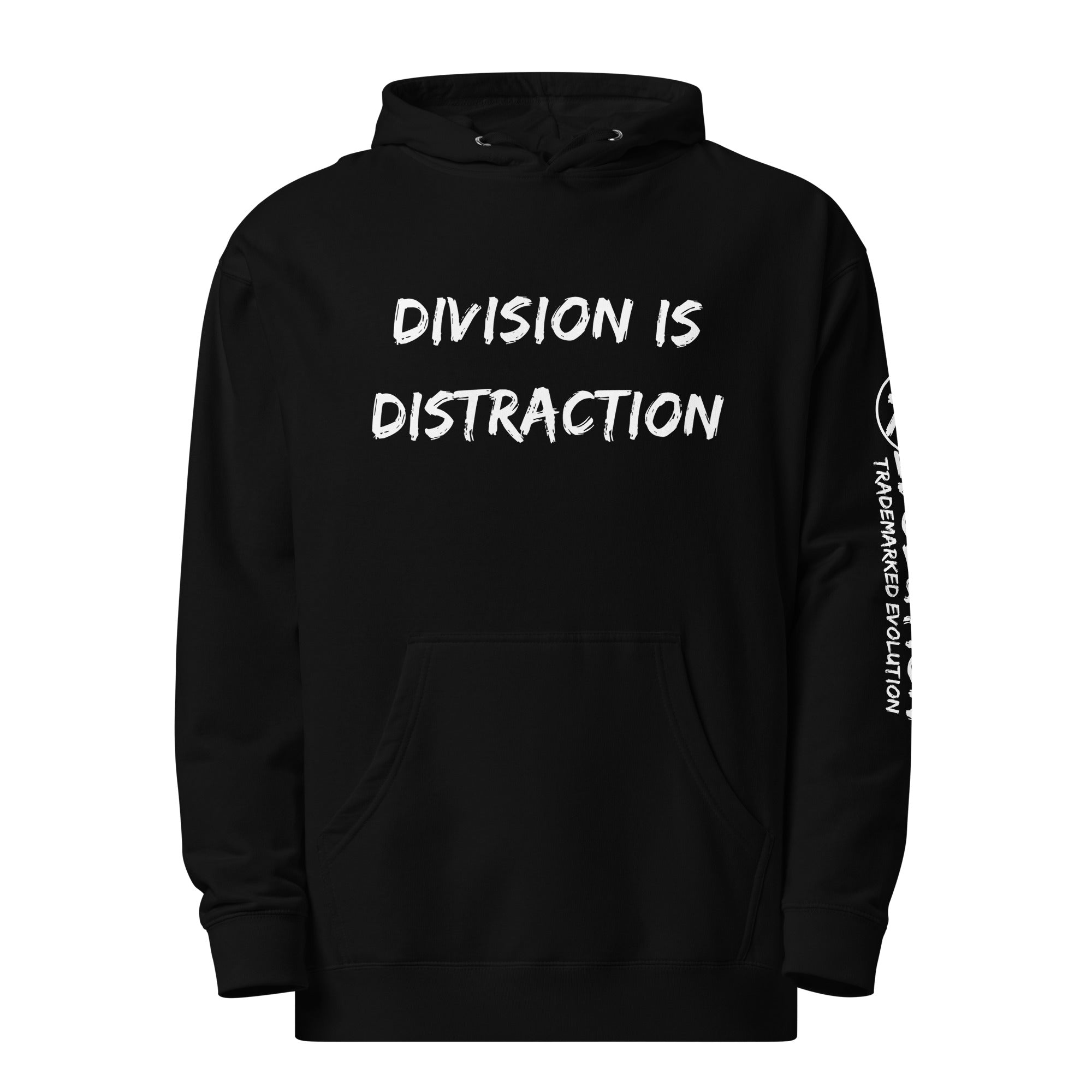 Revolution streetwear black premium hoodie white DIVISION IS DISTRACTION graphics front view