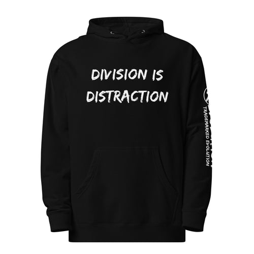 Revolution streetwear black premium hoodie white DIVISION IS DISTRACTION graphics front view