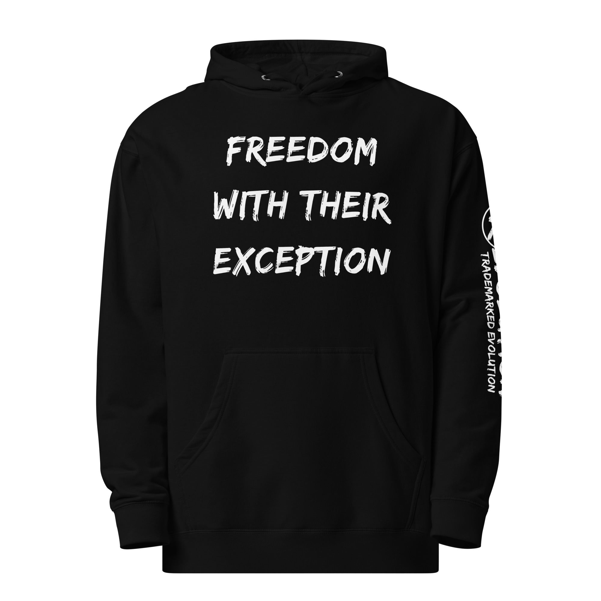 Revolution streetwear black premium hoodie white FREEDOM WITH THEIR EXCEPTION graphics front view