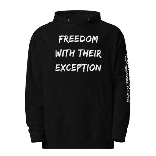 Revolution streetwear black premium hoodie white FREEDOM WITH THEIR EXCEPTION graphics front view
