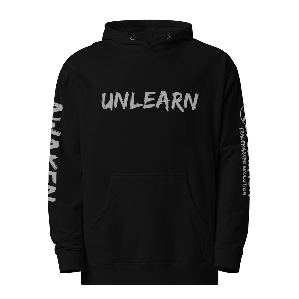 Revolution streetwear black premium hoodie gray UNLEARN AWAKEN RECLAIM graphics front view