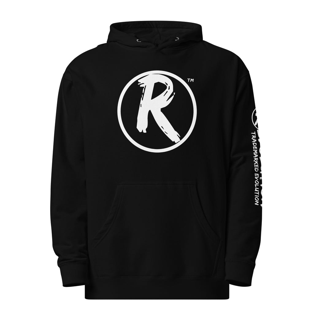 Revolution streetwear black premium hoodie white RESIST MANUFACTURED CONSENT graphics front view