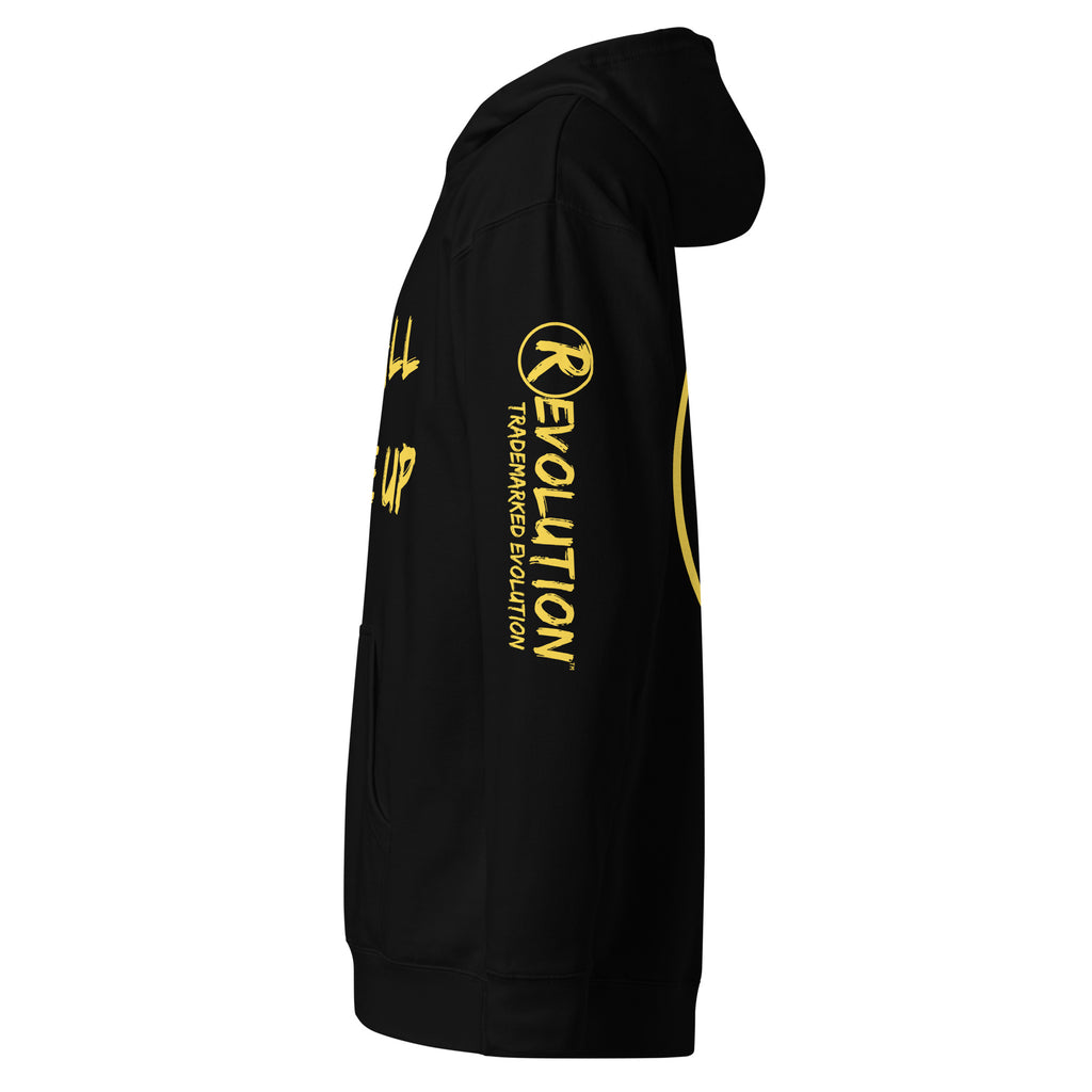 Revolution streetwear black premium hoodie yellow IT'S ALL MADE UP graphics left side view