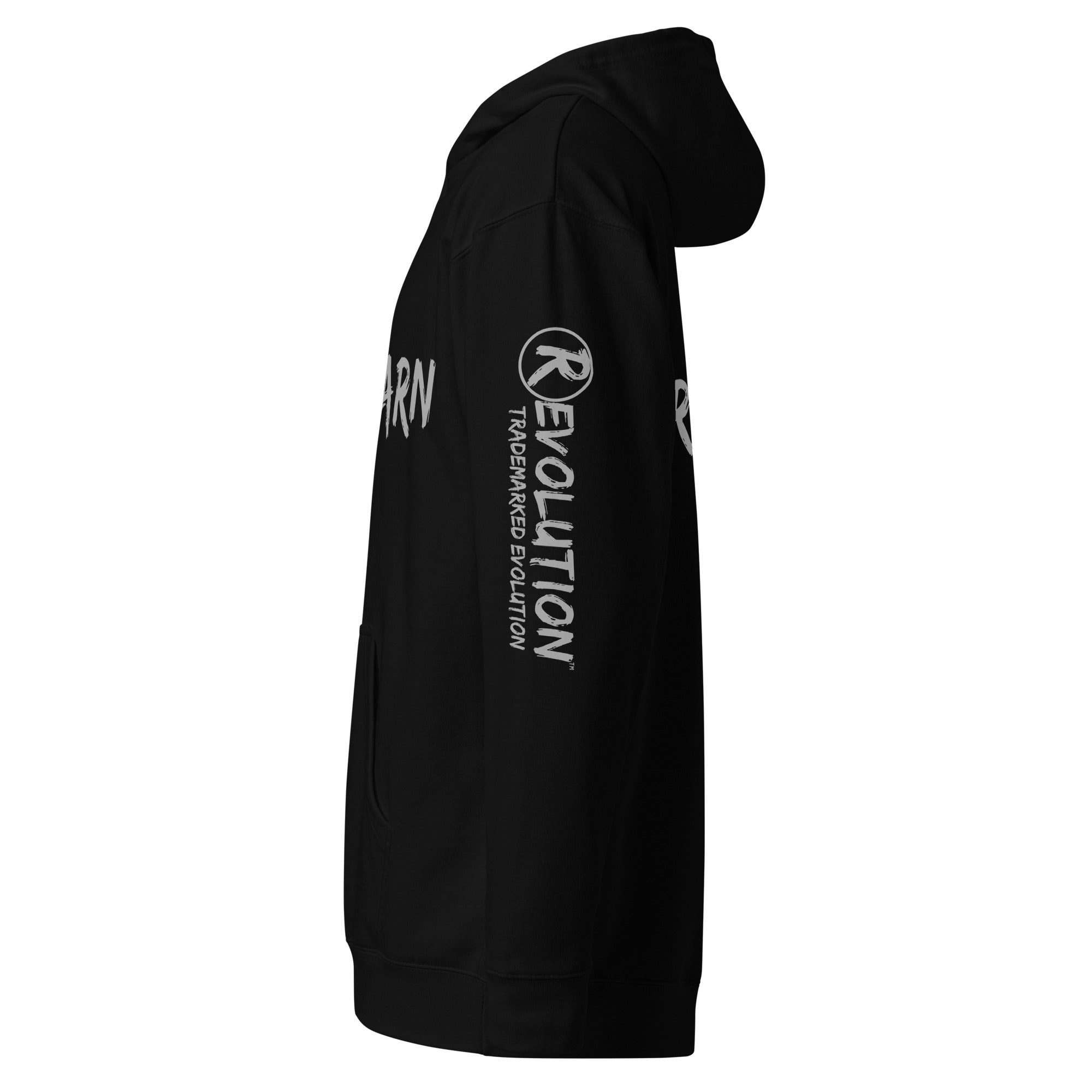 Revolution streetwear black premium hoodie gray UNLEARN AWAKEN RECLAIM graphics left side view