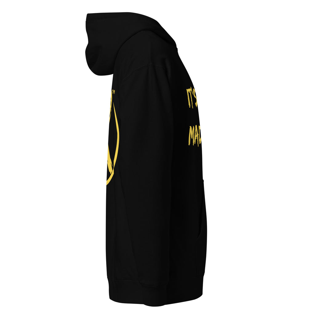 Revolution streetwear black premium hoodie yellow IT'S ALL MADE UP graphics right side view