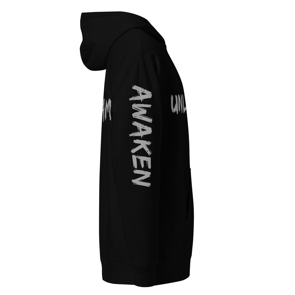 Revolution streetwear black premium hoodie gray UNLEARN AWAKEN RECLAIM graphics right side view