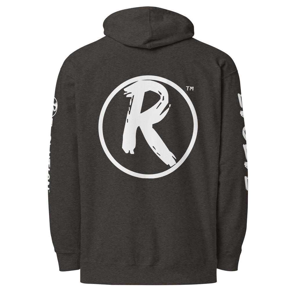 Revolution streetwear charcoal heather premium hoodie white REVOLT EVOLVE graphics back view