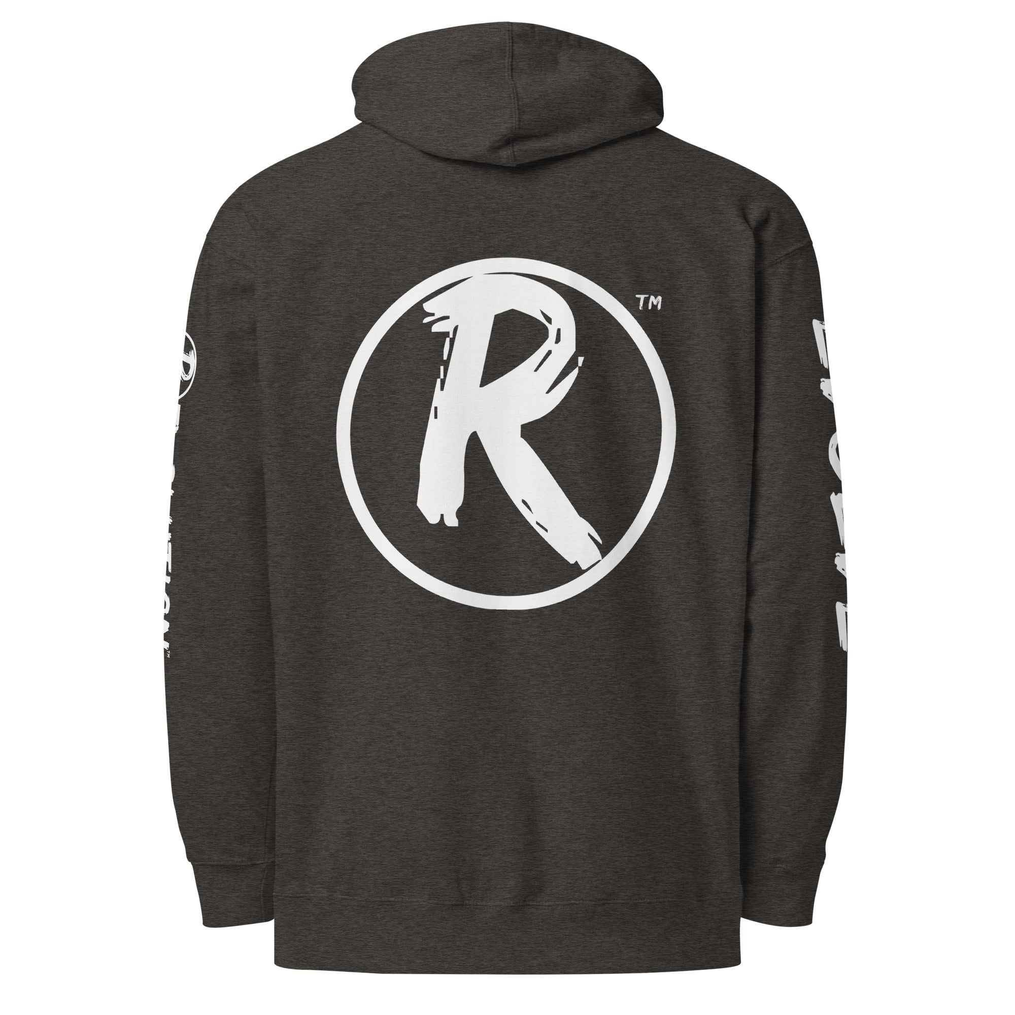 Revolution streetwear charcoal heather premium hoodie white REVOLT EVOLVE graphics back view