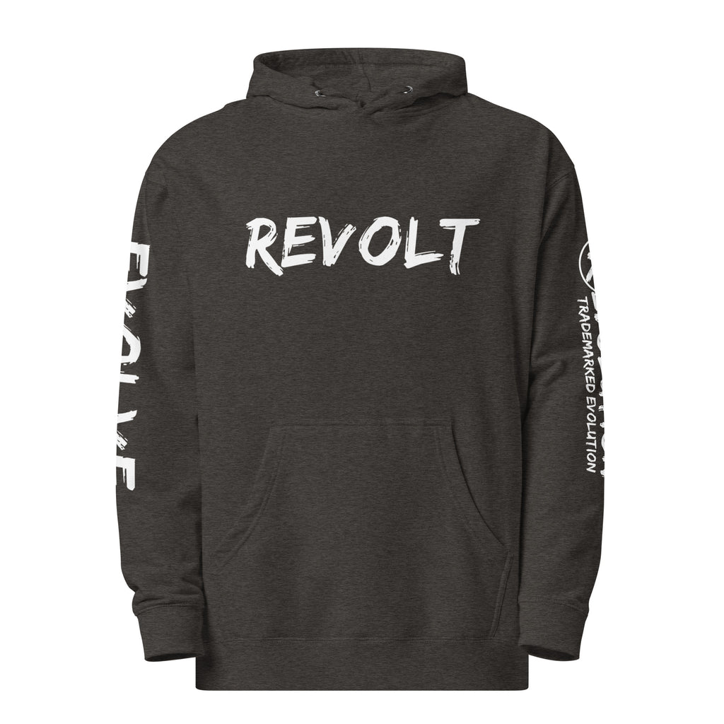 Revolution streetwear charcoal heather premium hoodie white REVOLT EVOLVE graphics front view