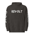 Revolution streetwear charcoal heather premium hoodie white REVOLT EVOLVE graphics front view