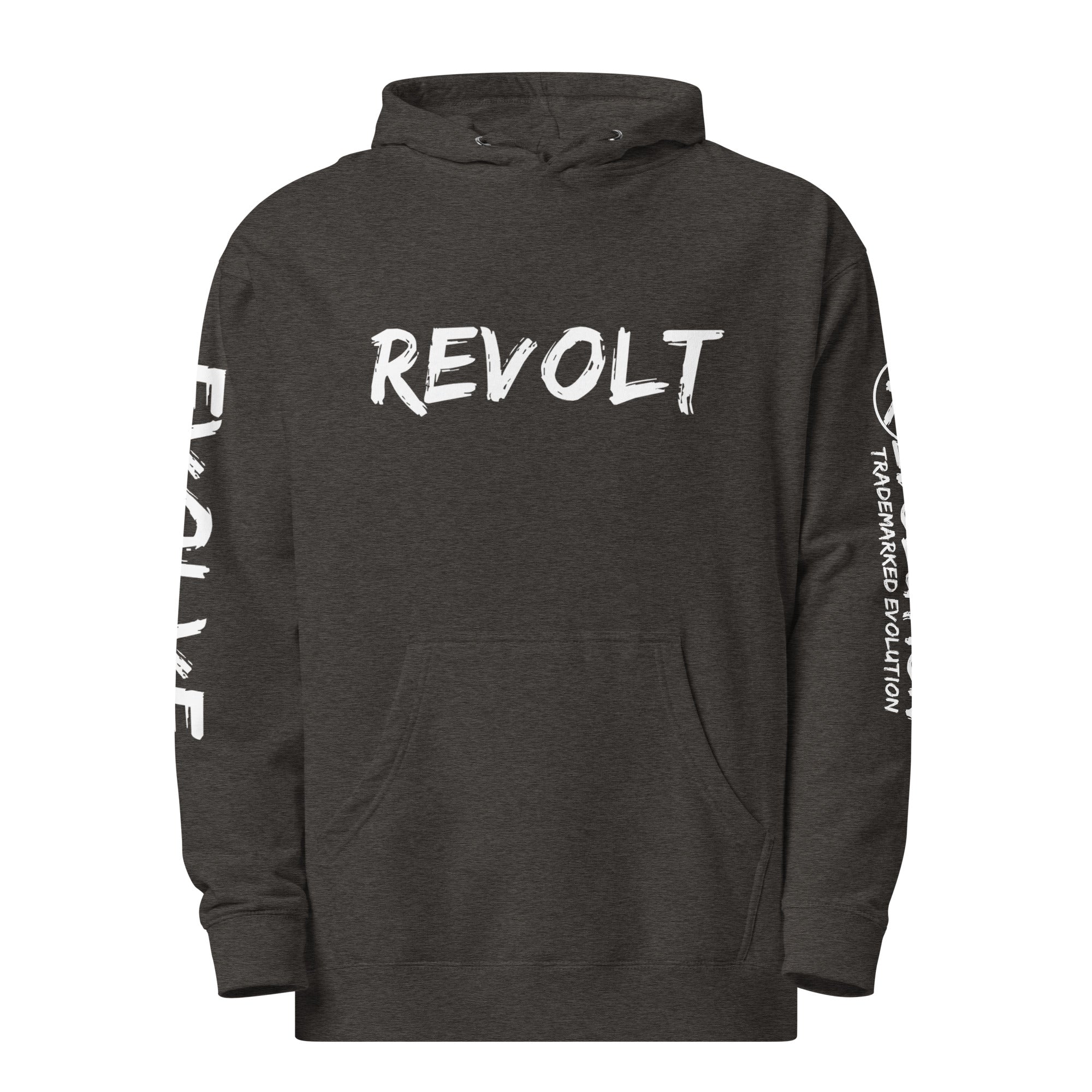 Revolution streetwear charcoal heather premium hoodie white REVOLT EVOLVE graphics front view