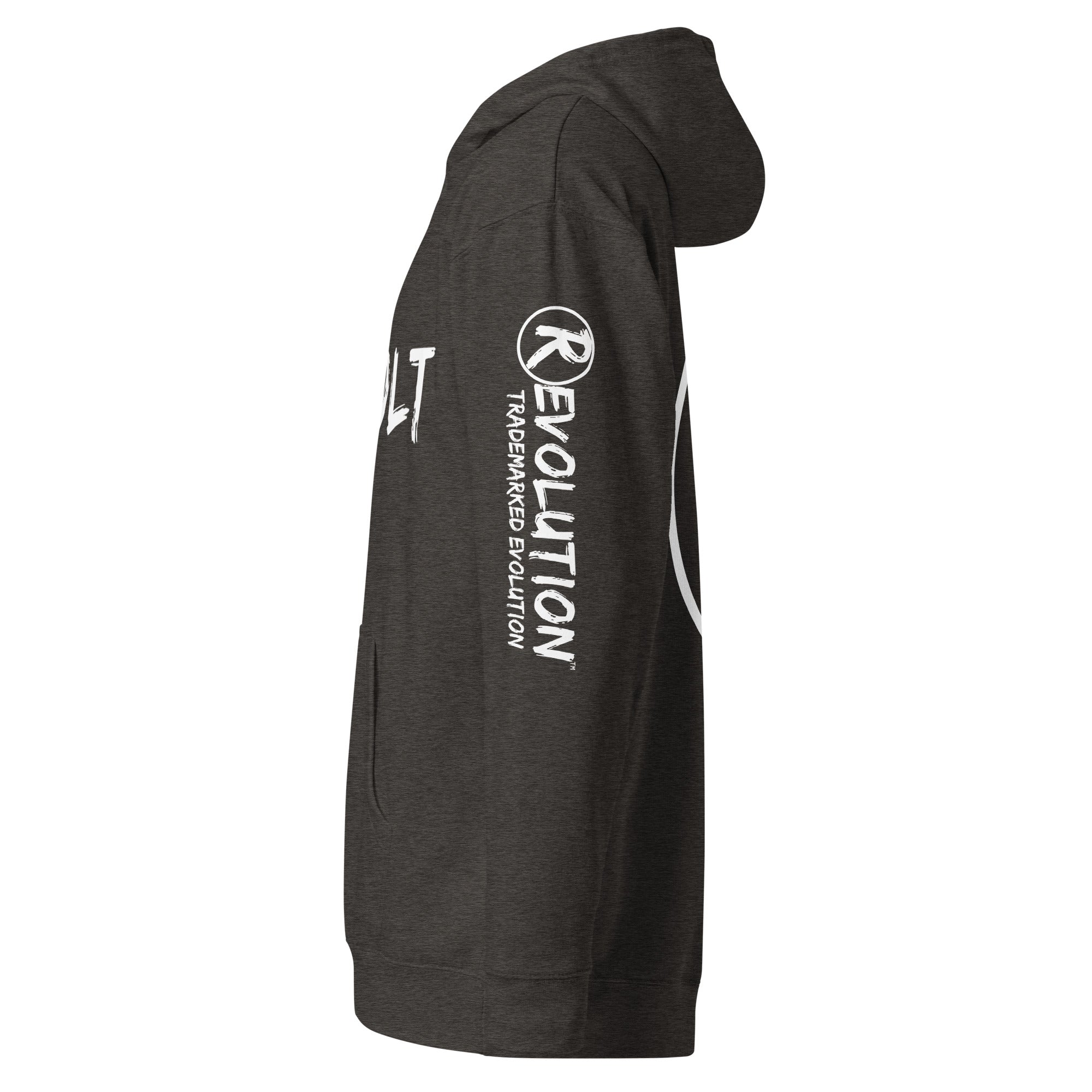 Revolution streetwear charcoal heather premium hoodie white REVOLT EVOLVE graphics left side view