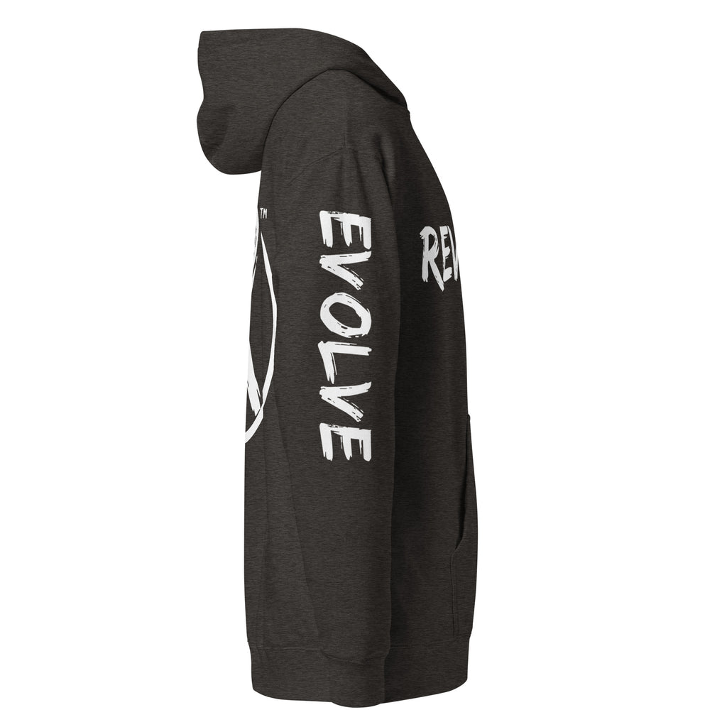Revolution streetwear charcoal heather premium hoodie white REVOLT EVOLVE graphics right side view