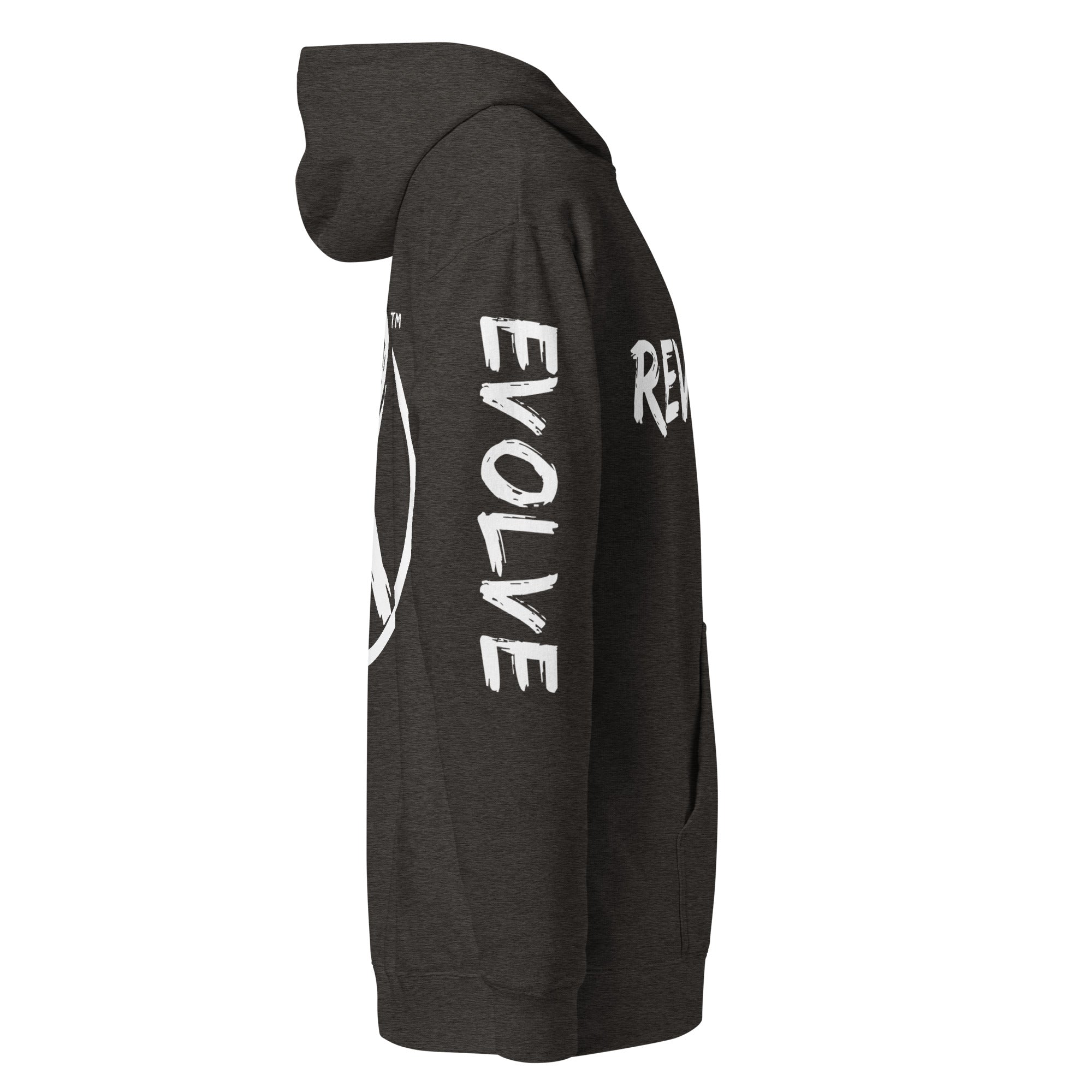 Revolution streetwear charcoal heather premium hoodie white REVOLT EVOLVE graphics right side view