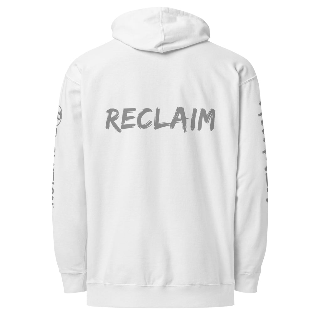 Revolution streetwear white premium hoodie gray UNLEARN AWAKEN RECLAIM graphics back view
