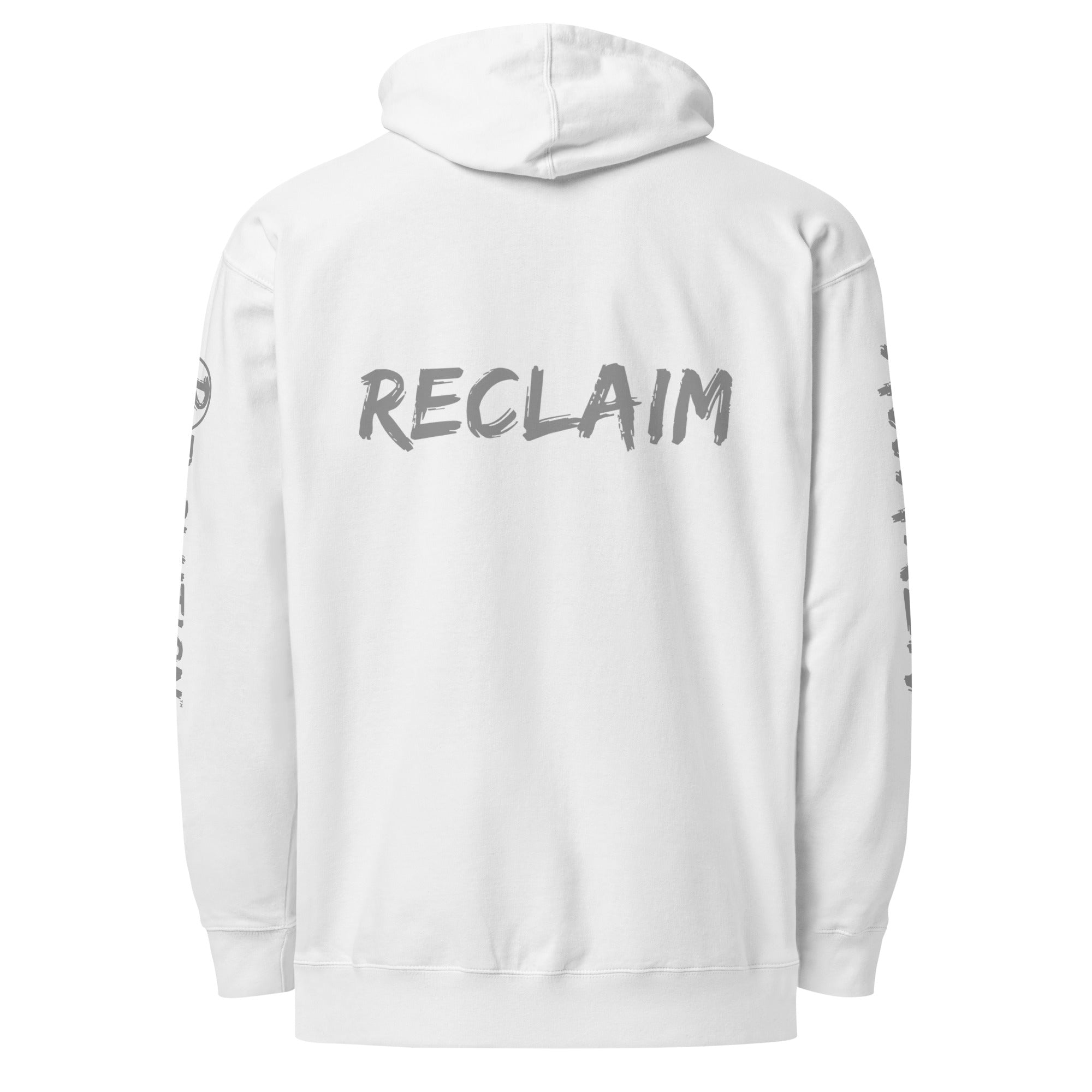 Revolution streetwear white premium hoodie gray UNLEARN AWAKEN RECLAIM graphics back view