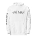 Revolution streetwear white premium hoodie gray UNLEARN AWAKEN RECLAIM graphics front view
