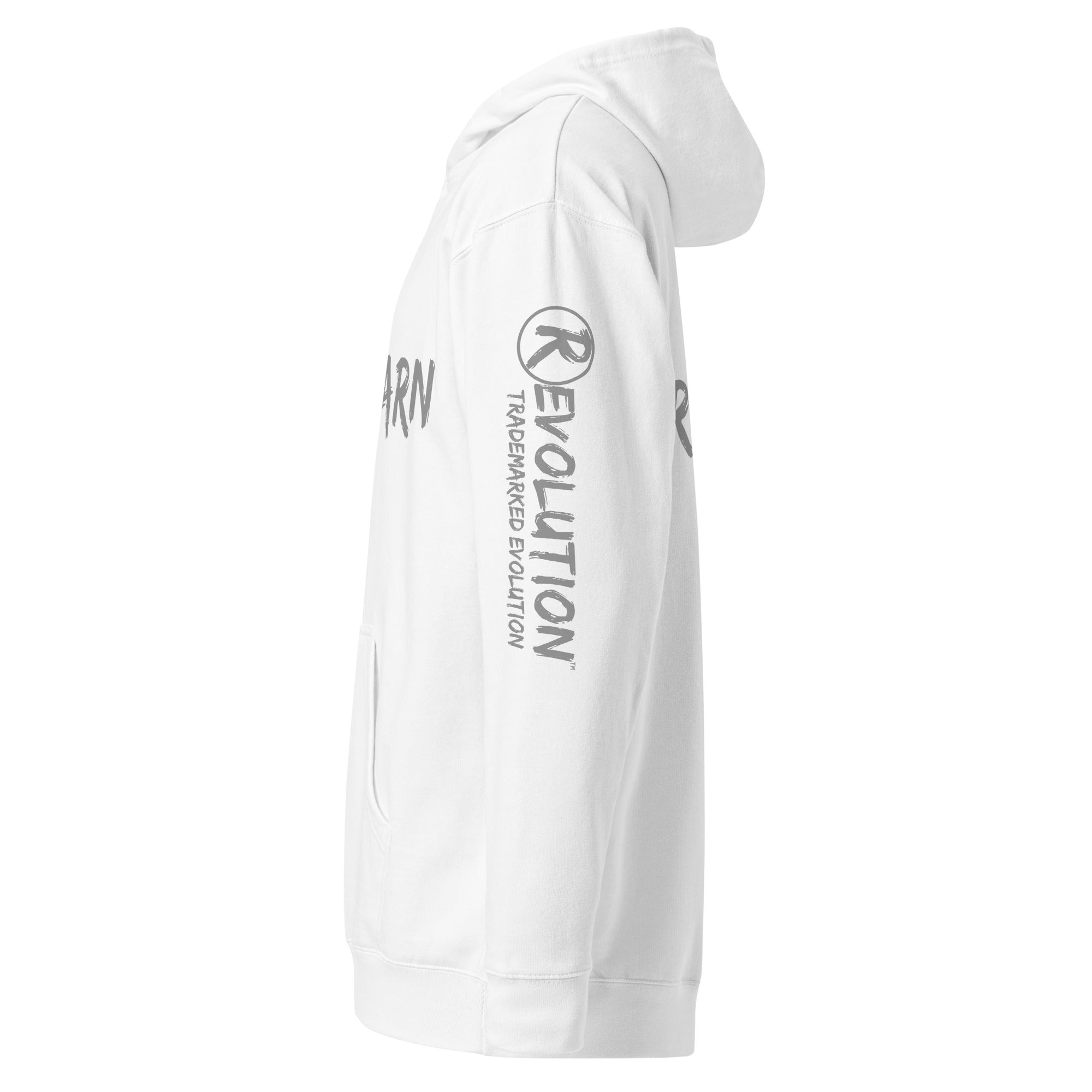 Revolution streetwear white premium hoodie gray UNLEARN AWAKEN RECLAIM graphics left side view