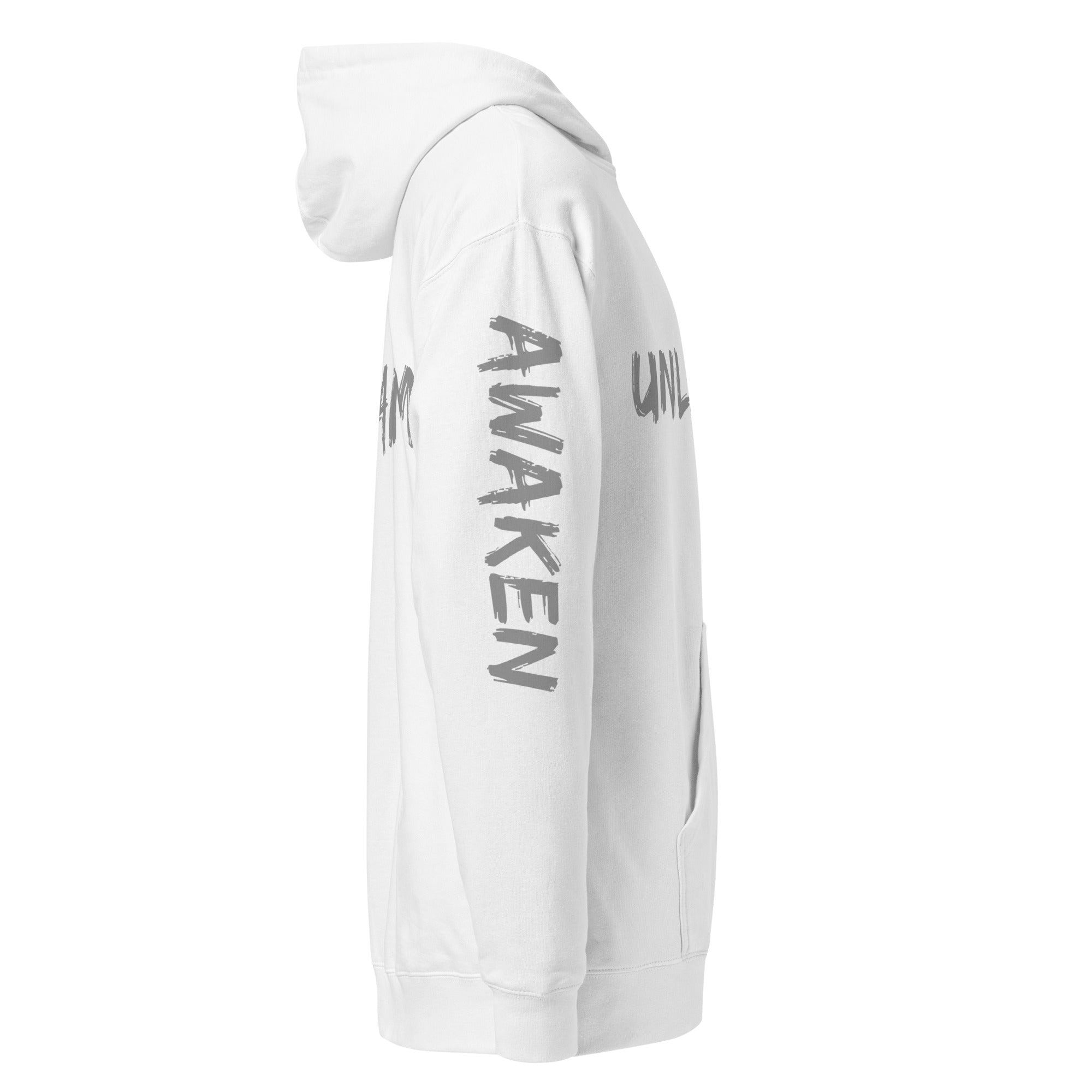 Revolution streetwear white premium hoodie gray UNLEARN AWAKEN RECLAIM graphics right side view