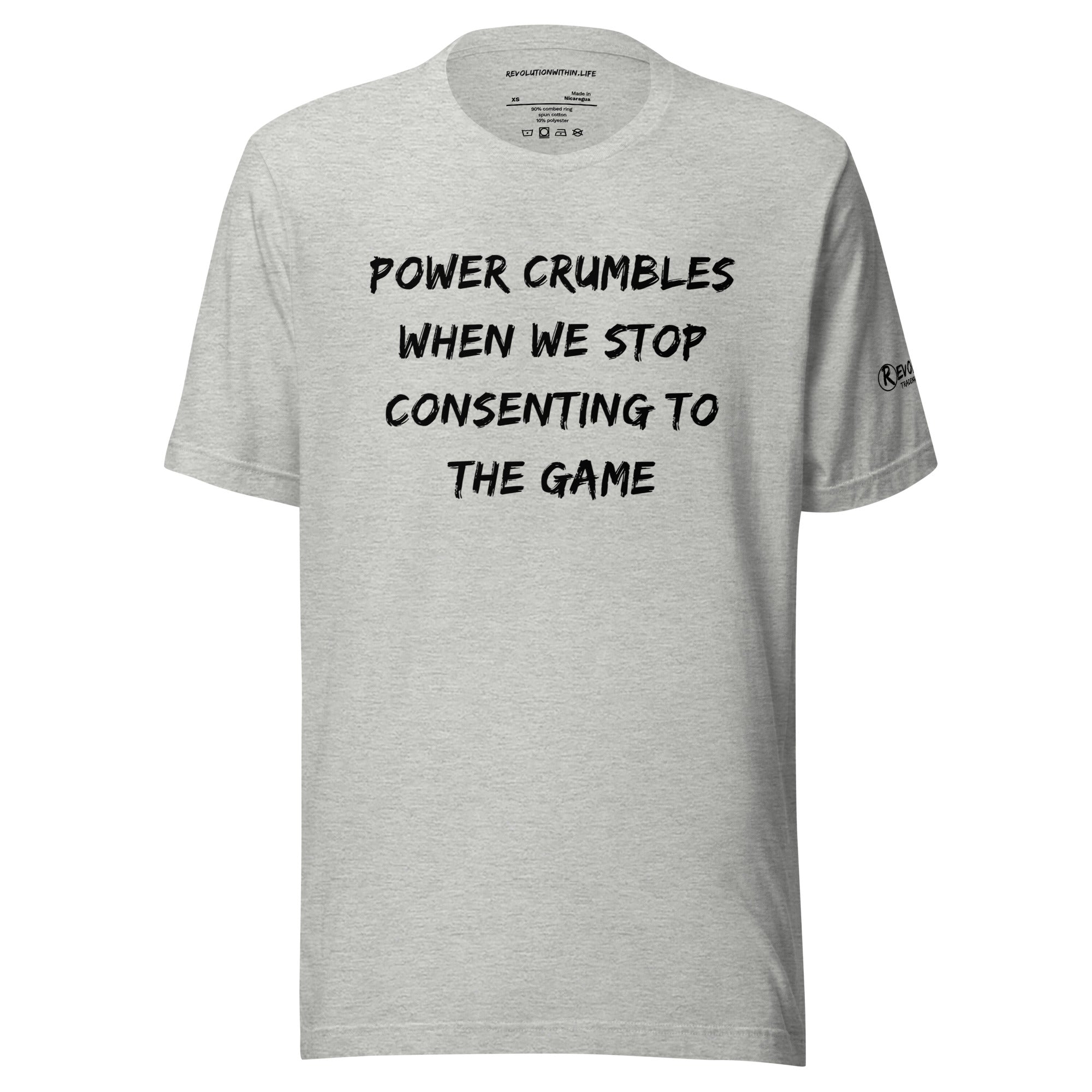 Revolution streetwear heather gray premium t-shirt black POWER CRUMBLES graphics front view