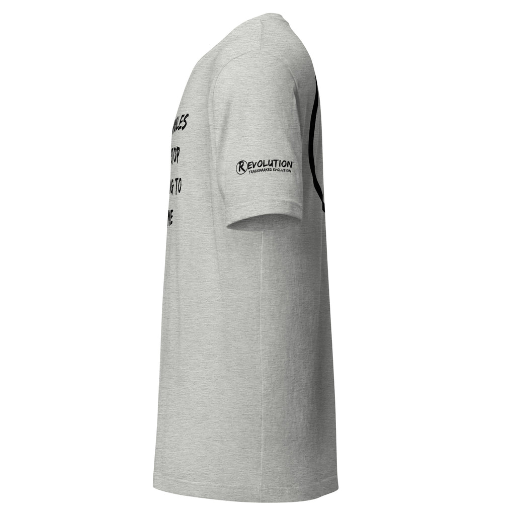 Revolution streetwear heather gray premium t-shirt black POWER CRUMBLES graphics left side view