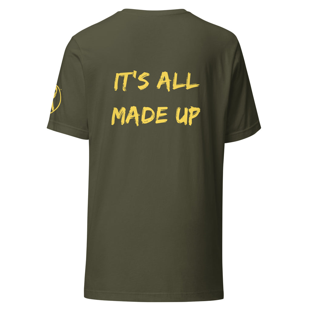 Revolution streetwear military green premium t-shirt yellow IT'S ALL MADE UP graphics back view