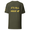 Revolution streetwear military green premium t-shirt yellow IT'S ALL MADE UP graphics back view