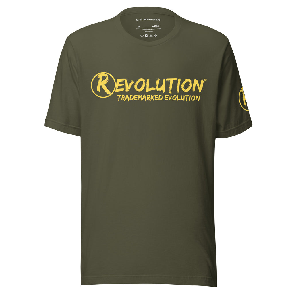 Revolution streetwear military green premium t-shirt yellow IT'S ALL MADE UP graphics front view