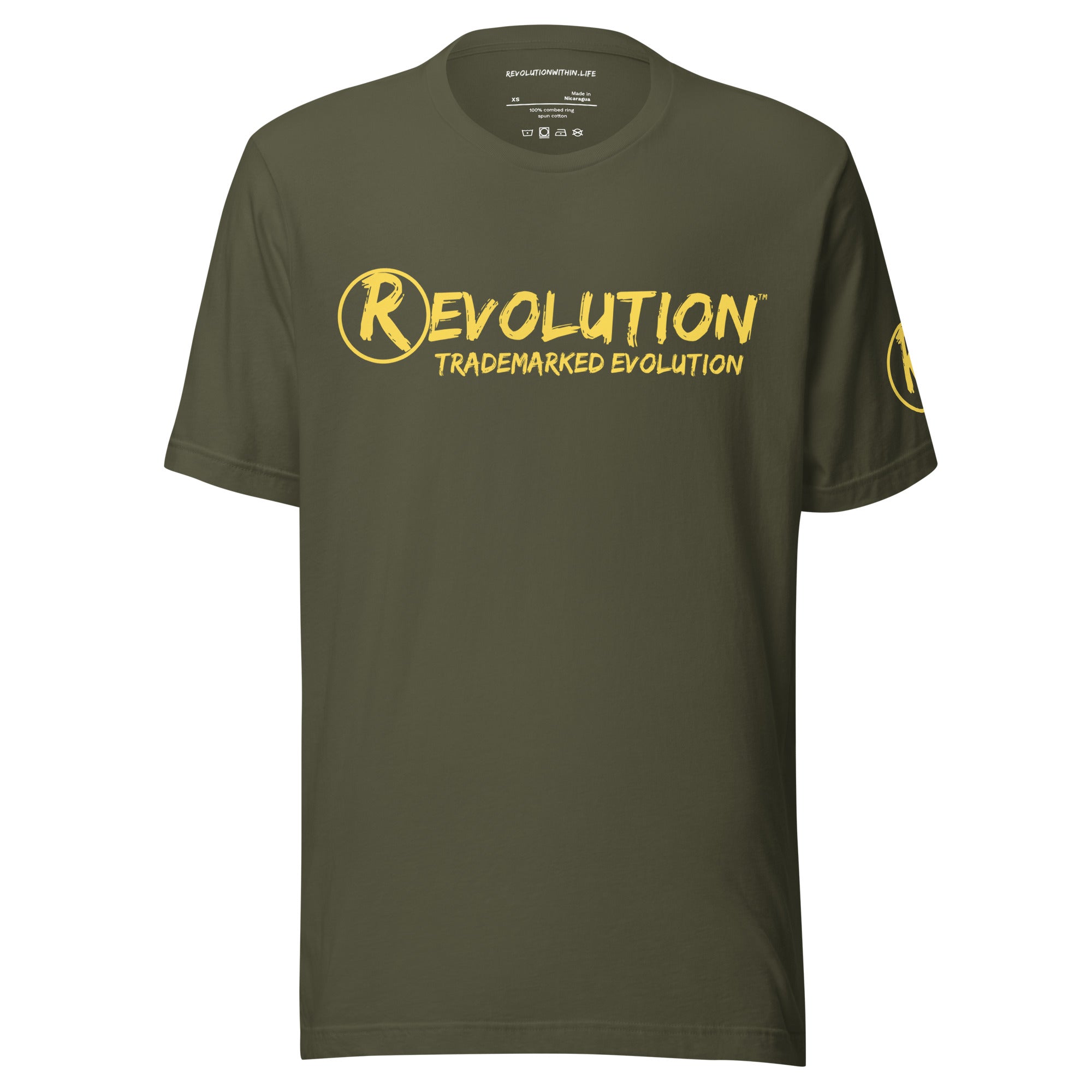 Revolution streetwear military green premium t-shirt yellow IT'S ALL MADE UP graphics front view